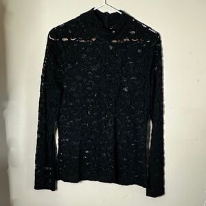 NWOT White House Black Market Mock Neck Black Lace Top, back half zip S Medium